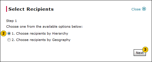 Select internal recipients by hierarchy, step 1 of 3.